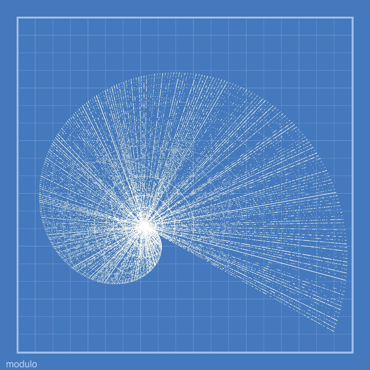 A shell shaped graph of the pisano periods on a blueprint design.